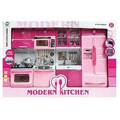 the pink kitchen is set up in its original box for barbie's doll house