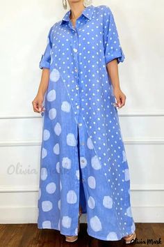 Olivia Mark - Polka Dot Patchwork Turn-Down Collar Shirt Dress - Plus Size, Pink Casual Print Polka Dot Shirt Dress, Patchwork Shirt, Printed Casual Dresses, Collared Shirt Dress, Polka Dot Shirt, Elegant Dresses For Women, Stylish Plus, Printed Shirt Dress, Turndown Collar