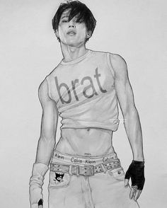 a drawing of a man with his hands in his pockets and the words brat on his shirt