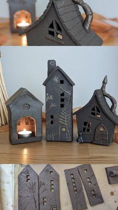 three different pictures of small houses with candles in them