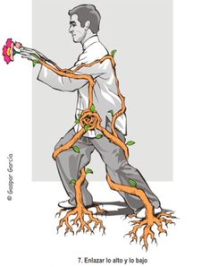 a man holding a flower in one hand and an orange vine on the other, with roots wrapped around him