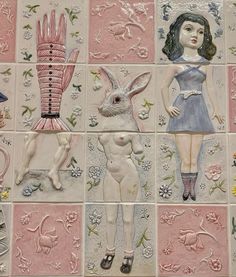 several images of different women and animals on tile