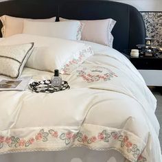 Brushed 100% Egyptian Cotton Flowers Embroidery Bedding Set Duvet Cover Set.   "This pin contains affiliate links, which means I may earn a commission at no cost to you extra for you". 
 #affiliate #advertising"