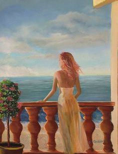 a painting of a woman standing on a balcony looking out at the ocean with her back to the camera