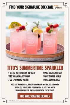 a flyer for a summer cocktail party with three glasses of pink lemonade and strawberries