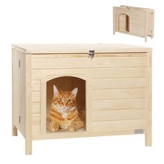 an orange cat sitting in a wooden dog house with the door open to it's side