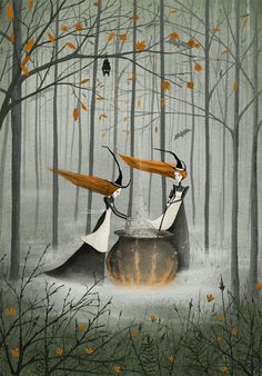 two birds sitting on top of a pot in the middle of a tree filled forest