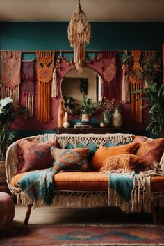 Dive into a color-lush Bohemian sanctuary right in the comfort of your home with this whimsical living room setting. The room breathes vintage charm and exotic allure through its vibrantly colored tapestries, elegant macrame wall hangings and a chic orange-hued sofa that beckons. The inviting teal stripe on the upper wall complements the rustic terracotta undertones of the sofa and the bohemian patterned cushions, creating a warm, eclectic atmosphere. Hippie Living Room, Worship Room, Spring Home Decor Ideas, Bohemian Living Room Decor, Boho Sofa, Boho Living Room Decor