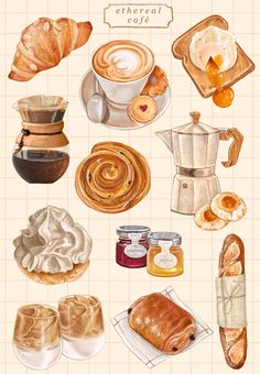 an illustration of bread, coffee and other food items