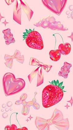 a pink background with hearts, bows and strawberries