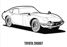 the toyota 2000gt car is shown in this black and white drawing, it looks to be