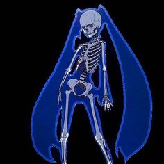 a skeleton is standing in front of a black background with an inverted blue design on it