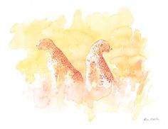 two giraffes are standing in front of some watercolor paint splotches