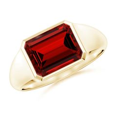 Add a unique flair to your look with this stunning signet ring. It showcases an emerald-cut lab-grown ruby that is bezel set in an east-west setting. This 18k yellow gold ring will instantly elevate your style game. Ruby Signet Ring, Ruby Rings, 18k Yellow Gold Ring, Yellow Gold Ring, East West, Ruby Ring, Signet Ring, 18k Rose Gold, Bezel Setting