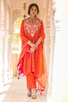 Orange banarasi chanderi kurta with anchor and zardosi embroidered yoke. Paired with coordinating scallop edged dupatta and solid straight pant. - Aza Fashions Orange Banarasi Silk Anarkali Set, Festive Slub Silk Palazzo Set With Cutdana, Festive Orange Kurta With Zari Work, Slub Silk Traditional Wear With Dupatta For Festivals, Traditional Orange Salwar Kameez For Navratri, Orange Chikankari Embroidery Palazzo Set For Designer Wear, Orange Chikankari Embroidery Palazzo Set For Diwali, Orange Chikankari Embroidery Palazzo Set, Orange Chikankari Embroidery Sharara For Festivals