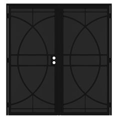 a black double door with two circles on the top and bottom, in front of a white background