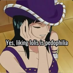 a woman in a purple hat with her hand on her face and the words yes, liking lies is peopphilia