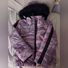 Nwt Hudson Winter Coat Girls Large 12/14 Purple Pink Camouflage With Fur Lined Hood Hooded Purple Puffer Jacket For Winter, Purple Hooded Puffer Jacket For Winter, Purple Puffer Jacket For Winter, Purple Long Sleeve Puffer Jacket For Cold Weather, Pink Camouflage, Walker Boots, Hudson Jeans, Down Coat, Fit N Flare Dress