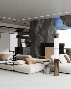 a living room filled with lots of white furniture