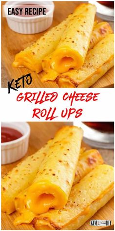 two pictures showing how to make grilled cheese roll ups with ketchup on the side