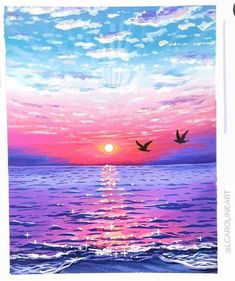 a painting of birds flying over the ocean at sunset, with clouds in the sky