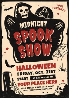 Halloween Party & Show Flyer Halloween Poster Prints, Halloween Movie Night Flyer, Spook Show Posters, Vintage Halloween Graphic Design, Halloween Flyer Ideas, Vintage Halloween Party Ideas, Halloween Party Template, Cute Halloween Posters, Halloween Party Invitation Ideas