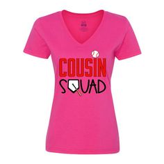 Cousin Squad Baseball and Bat Women's V-Neck T-Shirt. Step up to the plate and show that you belong to best family, and baseball team, ever! Size: XL.  Color: Pink.  Gender: female.  Age Group: adult. Pink V-neck T-shirt With Letter Print, Casual V-neck T-shirt For Sports Season, Game Day V-neck Top With Letter Print, Casual V-neck T-shirt For Sports Events, V-neck Game Day Top With Letter Print, Pink Tops For Baseball Game Day, V-neck Tops With Letter Print For Game Day, V-neck Letter Print Tops For Game Day, Casual V-neck T-shirt With Team Name