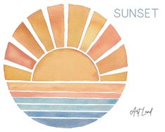 a watercolor painting of the sun setting in front of an orange and blue sky