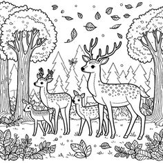 two deers are standing in the woods with trees and leaves around them, coloring page