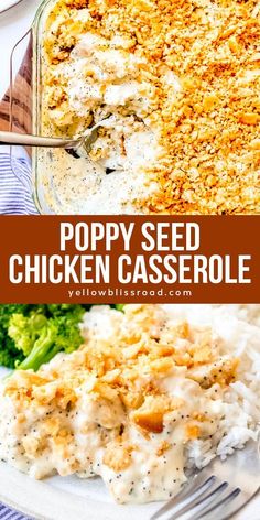 poppy seed chicken casserole on a plate with broccoli