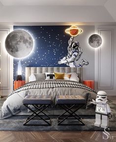 a bedroom with a star wars theme on the wall and a bed in front of it