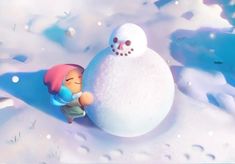 an animated snowman is next to a large snowball with a small girl on it