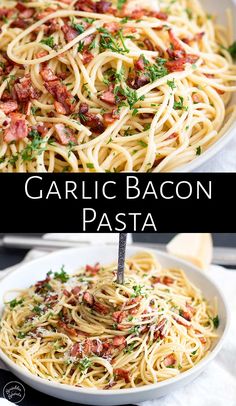 garlic bacon pasta in a white bowl with parmesan cheese and herbs on top