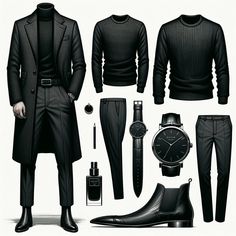 Revise the fashion illustration to include a high-quality black crew neck sweater, maintaining the mysterious and sophisticated outfit that complements the fragrance Ormonde Man by Ormonde Jayne. Keep the dark charcoal tailored wool coat, dark fitted trousers in fine wool or a wool-cashmere blend, black leather Chelsea boots with a slightly pointed toe, a minimalist black statement watch, and a silver signet ring. This update should reflect a casual sophistication, preserving the enigmatic allure and refined elegance suitable for a man of intrigue. Mysterious Clothes, Dark Outfits Men, Mysterious Man, Stylish Mens Suits