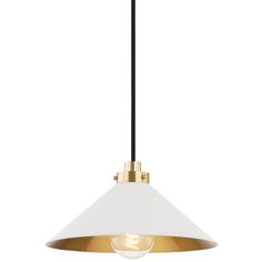 a white and gold pendant light with a black cord