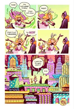 a comic strip with an image of a woman flying through the air in front of buildings