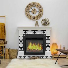 a living room with a fireplace, chair and clock on the wall above it's mantle