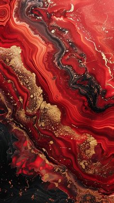 an abstract painting with red, black, and gold colors on it's surface