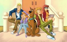 the scooby gang is sitting on the steps with their laptops in front of them