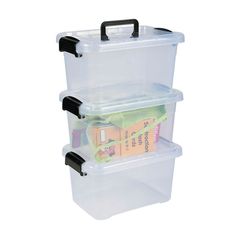 two plastic storage containers with black handles