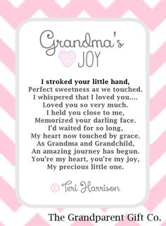 a pink and white chevron background with the words grandma's joy on it