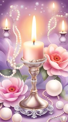 a candle and pearls on a purple background with flowers, pearls and beads around it