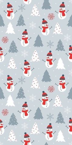 snowmen and trees are on a blue background with red, white and gray colors