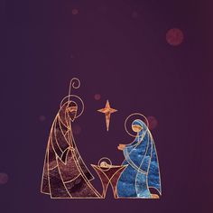 the nativity scene is depicted in gold and blue on a purple background with stars