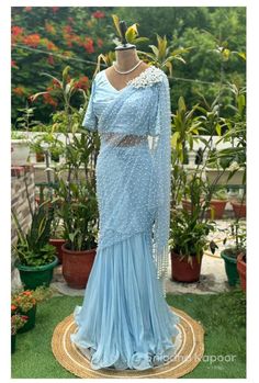 Sky blue pearl embellished engagement cocktail stitched saree with a satin pleated blouse, indo western saree gown by LabelSnigdhaKapoor on Etsy Western Saree, Indo Western Saree, Saree Gown, Pleated Blouse, Bridesmaid Outfit