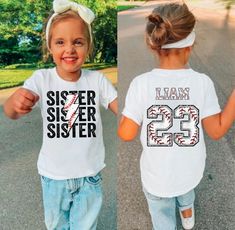 two girls wearing matching shirts that say sister and sister 23 on the same t - shirt