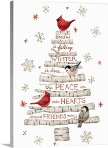 a christmas tree with birds on it and snowflakes in the background, as well as words that spell out winter is here