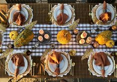 an overhead view of a table set for thanksgiving dinner