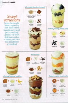 an advertisement for desserts with different toppings on it's sides and the words, sweet variations