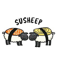 two sheep with sushi on their backs and the words suship above them